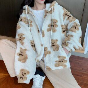 cream & brown teddy bear print fleece zip-up hoodie jacket | womens outerwear